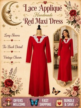 Handmade Red Maxi Dress Lace Appliqué Long Sleeve XXS–XS